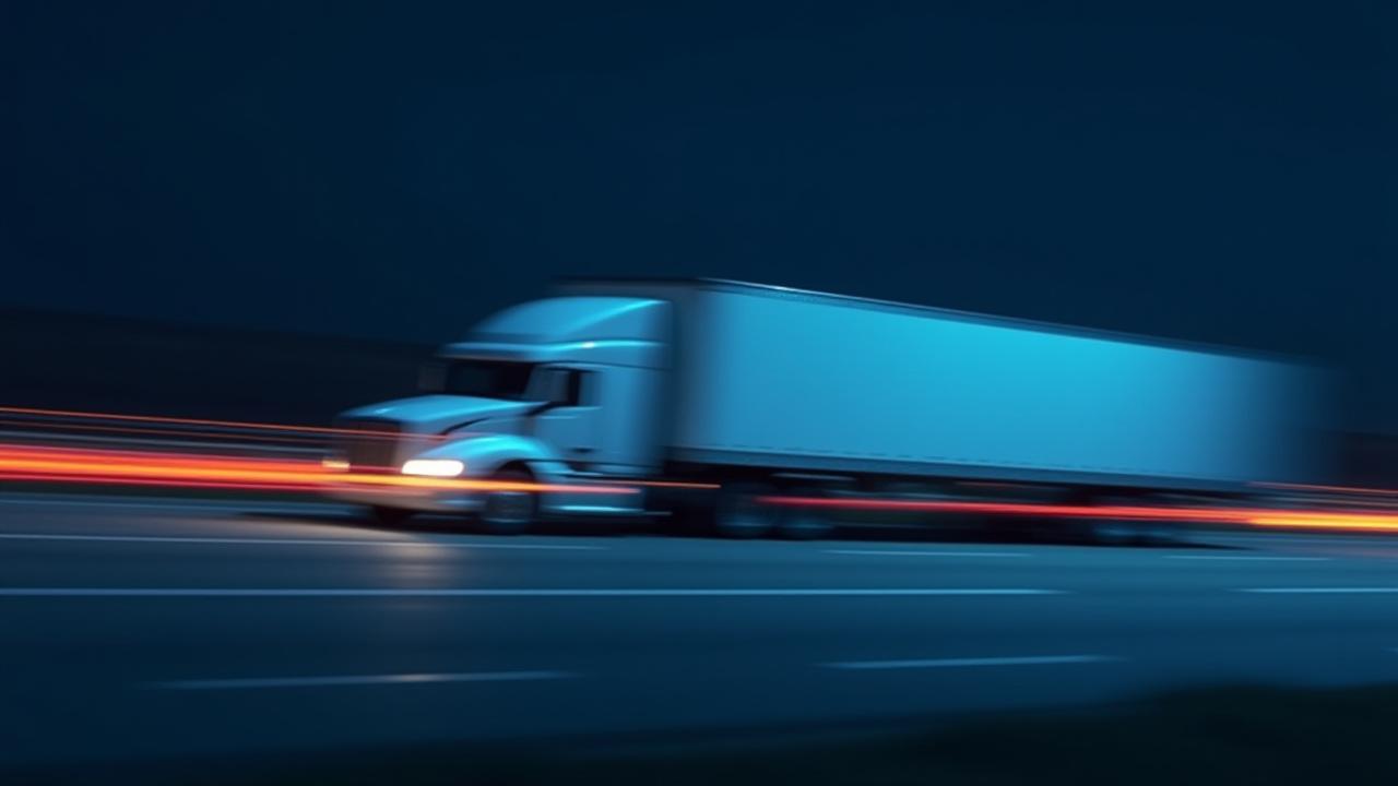 Expedited truck moving at high speed on highway at night