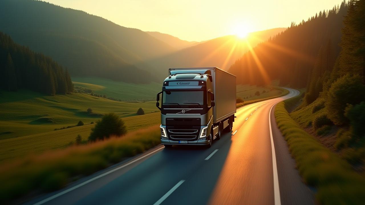 K&H high-efficiency heavy truck traversing a pristine forest highway at dawn