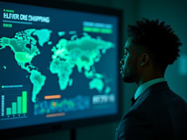 Modern logistics manager viewing a dashboard showing Scope 3 emission reductions