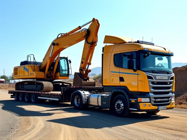 K&H RGN Trailer with heavy construction equipment
