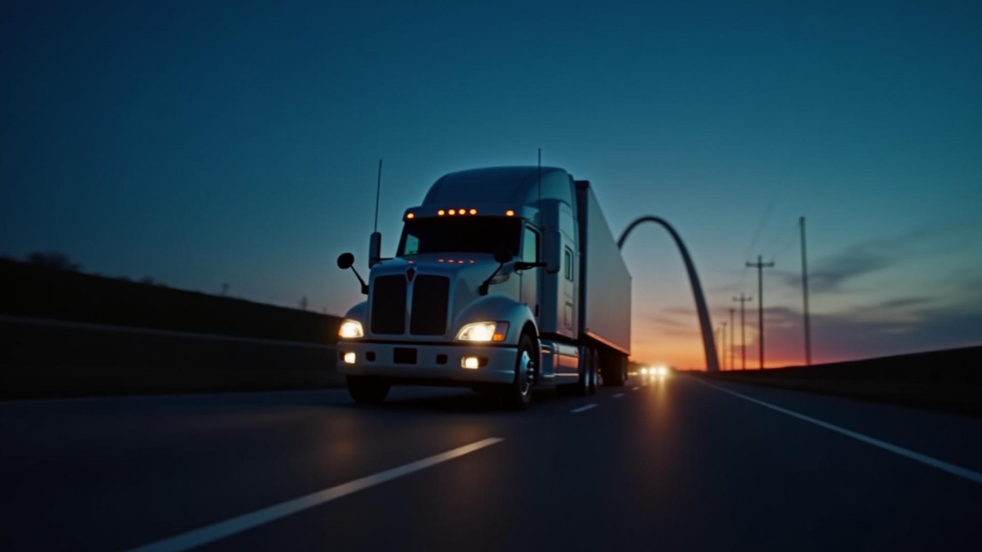 Modern K&H heavy duty semi-truck on a Missouri highway during twilight