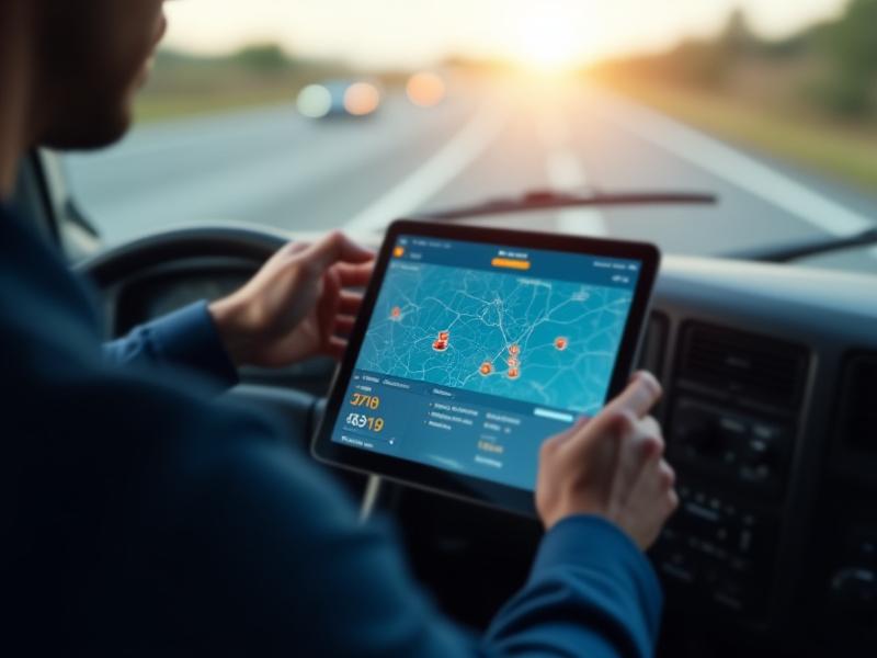 Logistics professional using mobile freight tracking software in a modern truck cabin