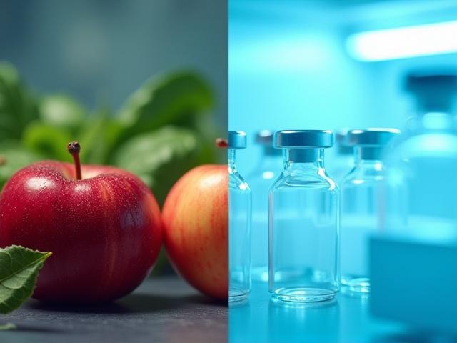 Dual view of fresh produce and pharmaceutical supplies