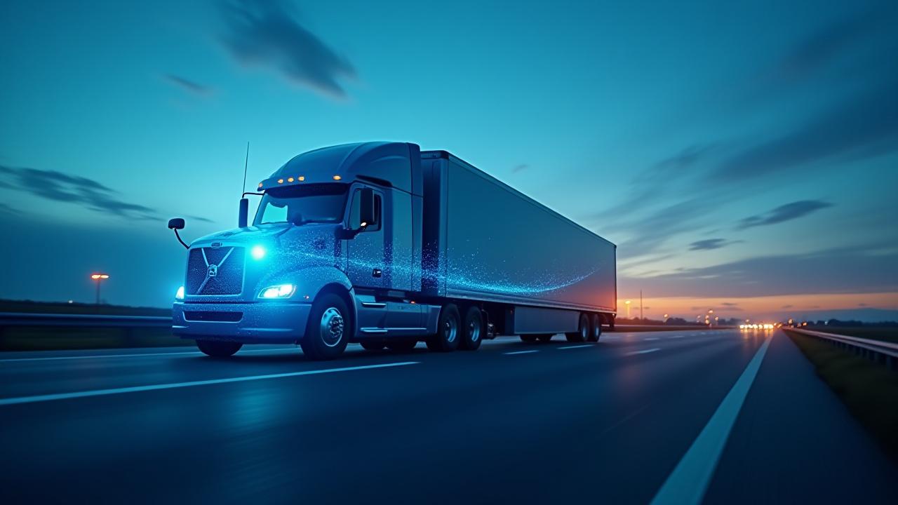 Abstract digital network overlaying a modern heavy-duty truck
